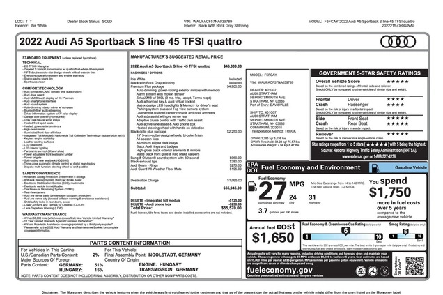 Audi A5 cena 178500 przebieg: 20121, rok produkcji 2022 z Poznań małe 631